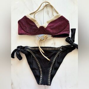 NWT Anthropologie PilyQ crochet trim black gold pink underwire shimmer bikini